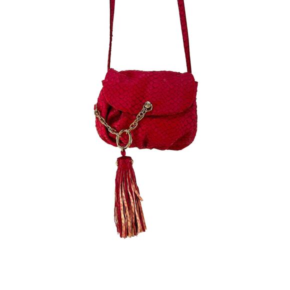 henri bendel Handbags - Henri Bendel Small Drawstring Bucket Crossbody Tassel Fish Leather Emboss Pink